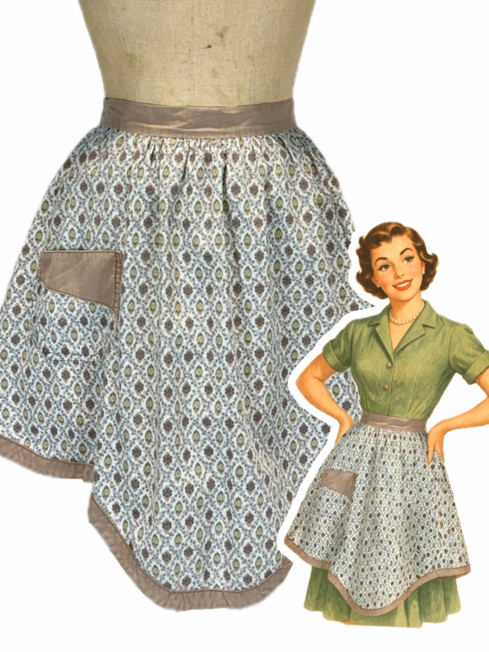 VINTAGE MCM apron tulip scalloped hemline kitchen‎ cooking house chore 60s 50s